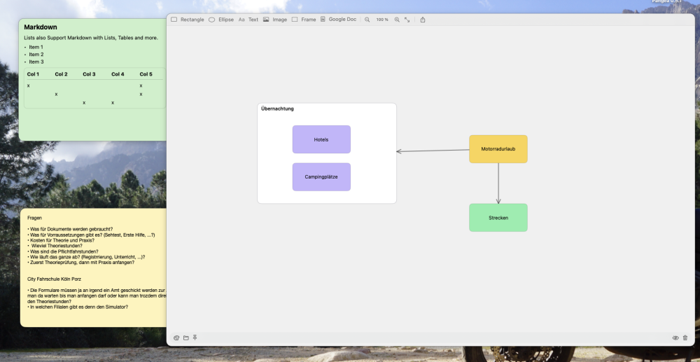 Rahmenlose Notizen auf dem Desktop (links) und das neue Whiteboard (rechts) mit Knoten, Frames und Verbindungen.